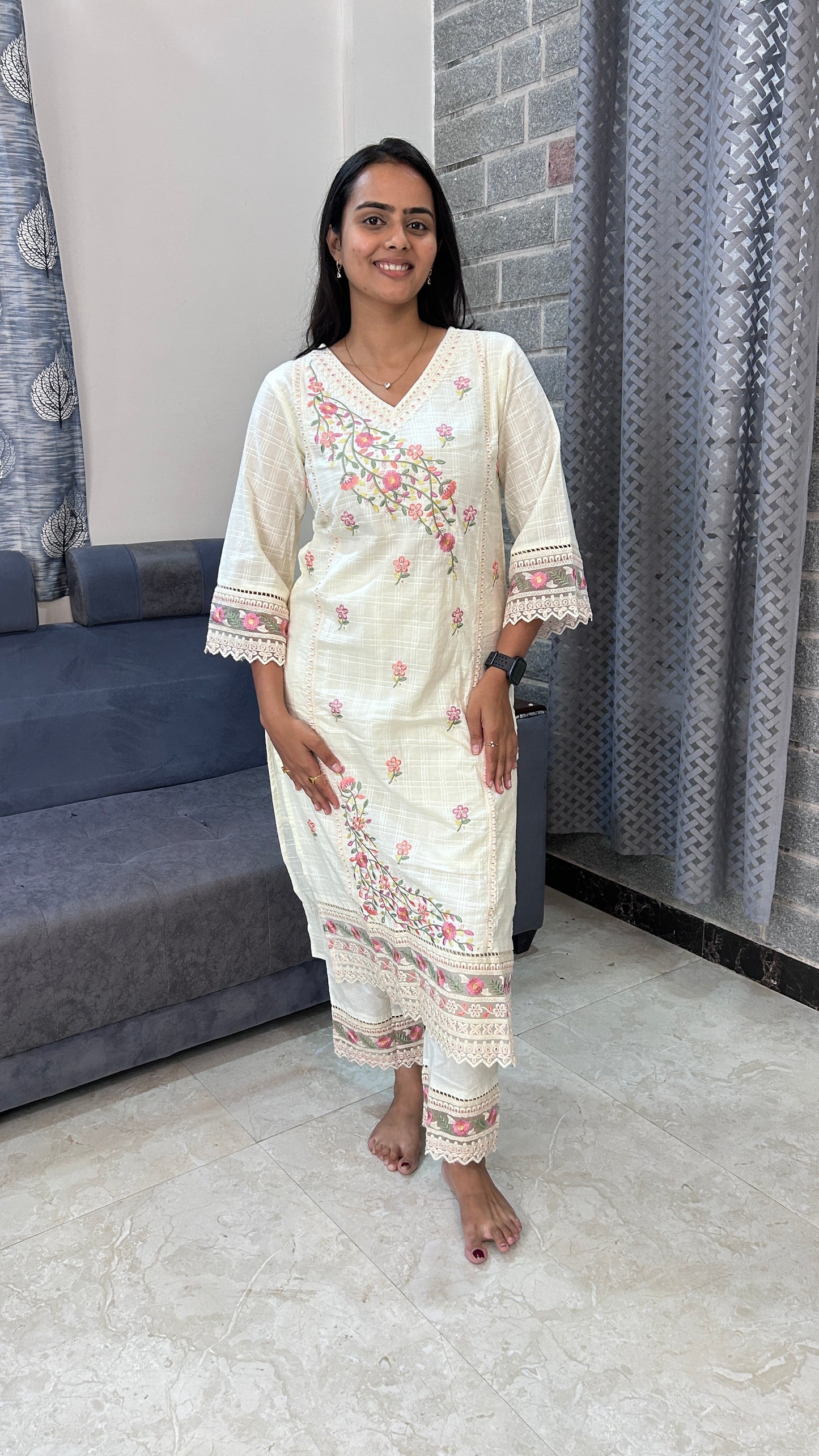 Ivory Floral Embroidered cotton Kurta Set