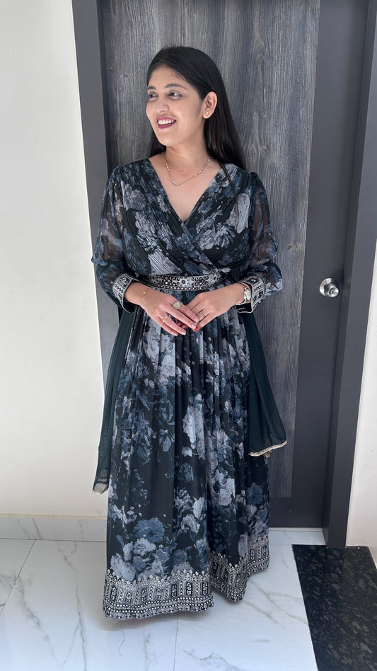 Midnight Floral Print Indo-Western Gown