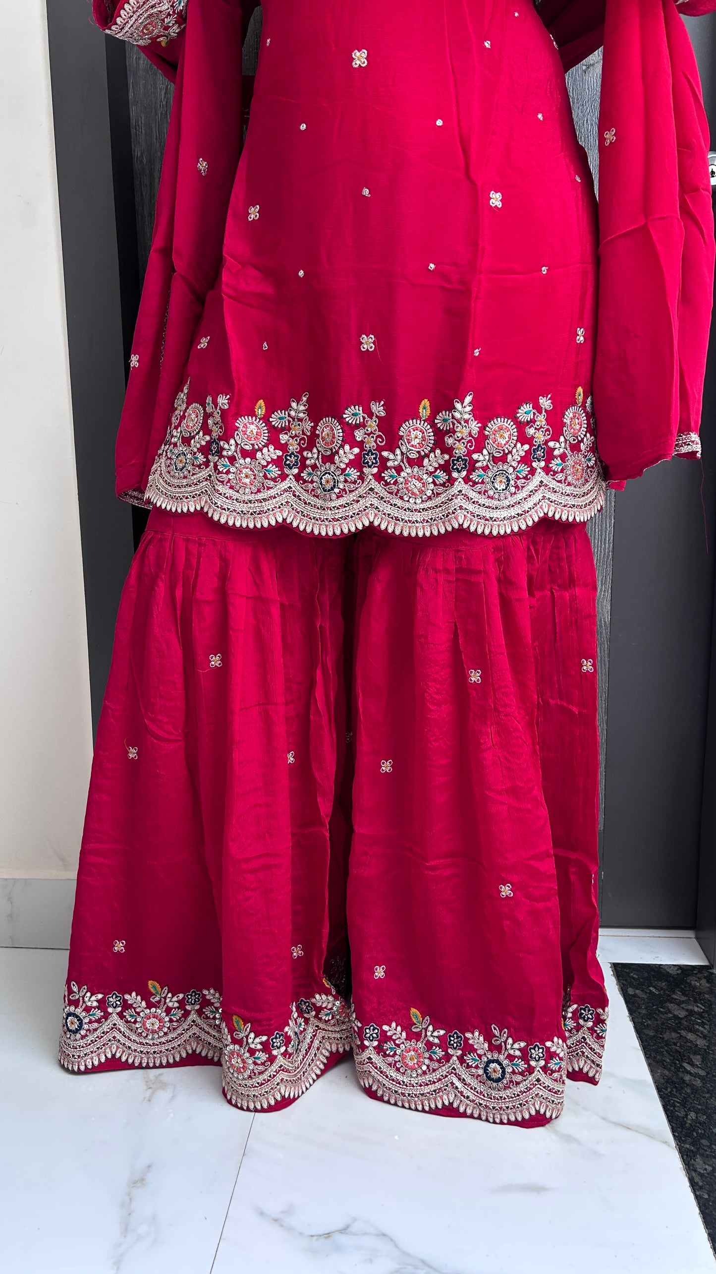 Red Pure Chinnon Sharara Set