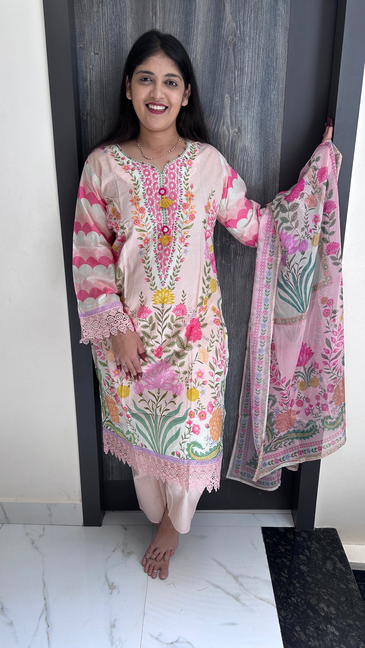 Pastel Pink Floral Lace Suit Set