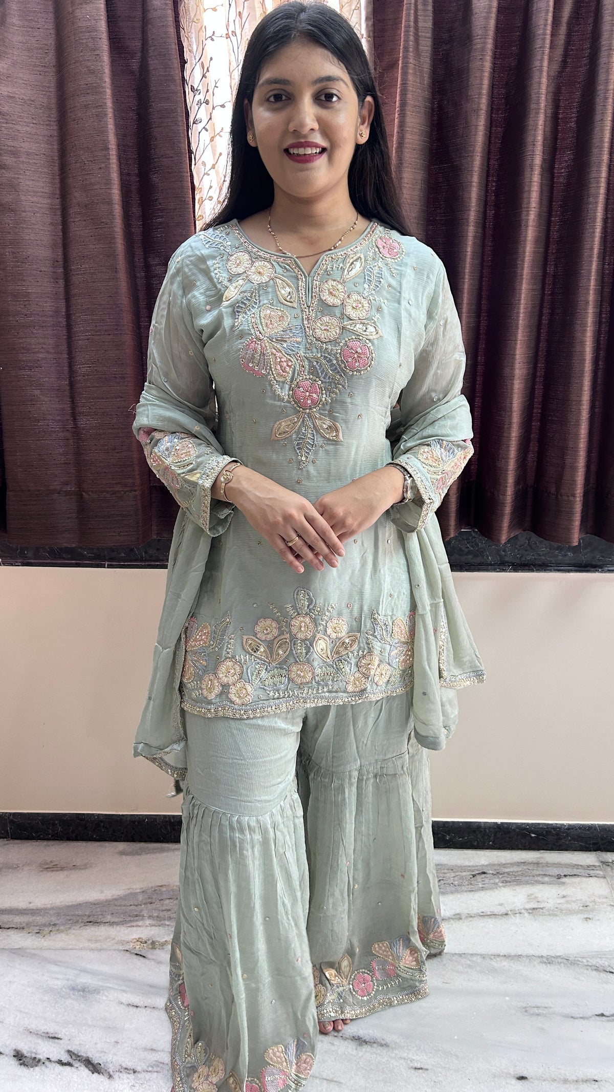 Light blue Hand-Embroidered chinnon Sharara Set