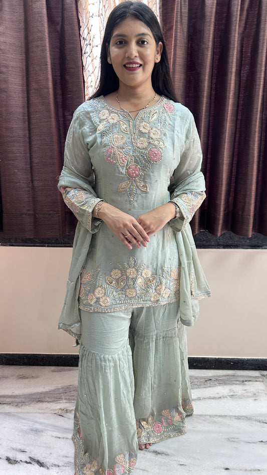 Light blue Hand-Embroidered chinnon Sharara Set