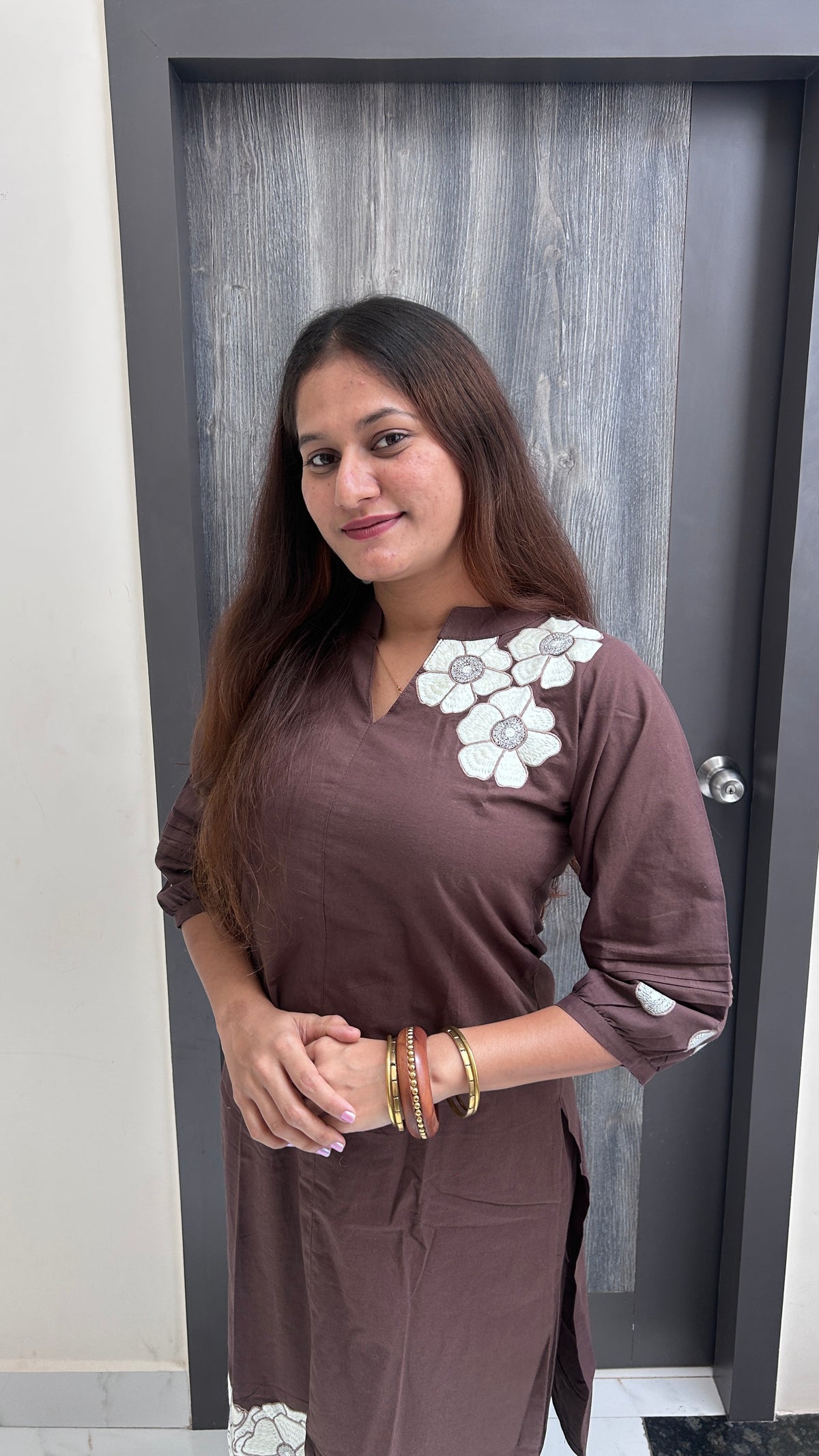 Dark Brown Hand-Embroidered Floral Patch Kurta Set
