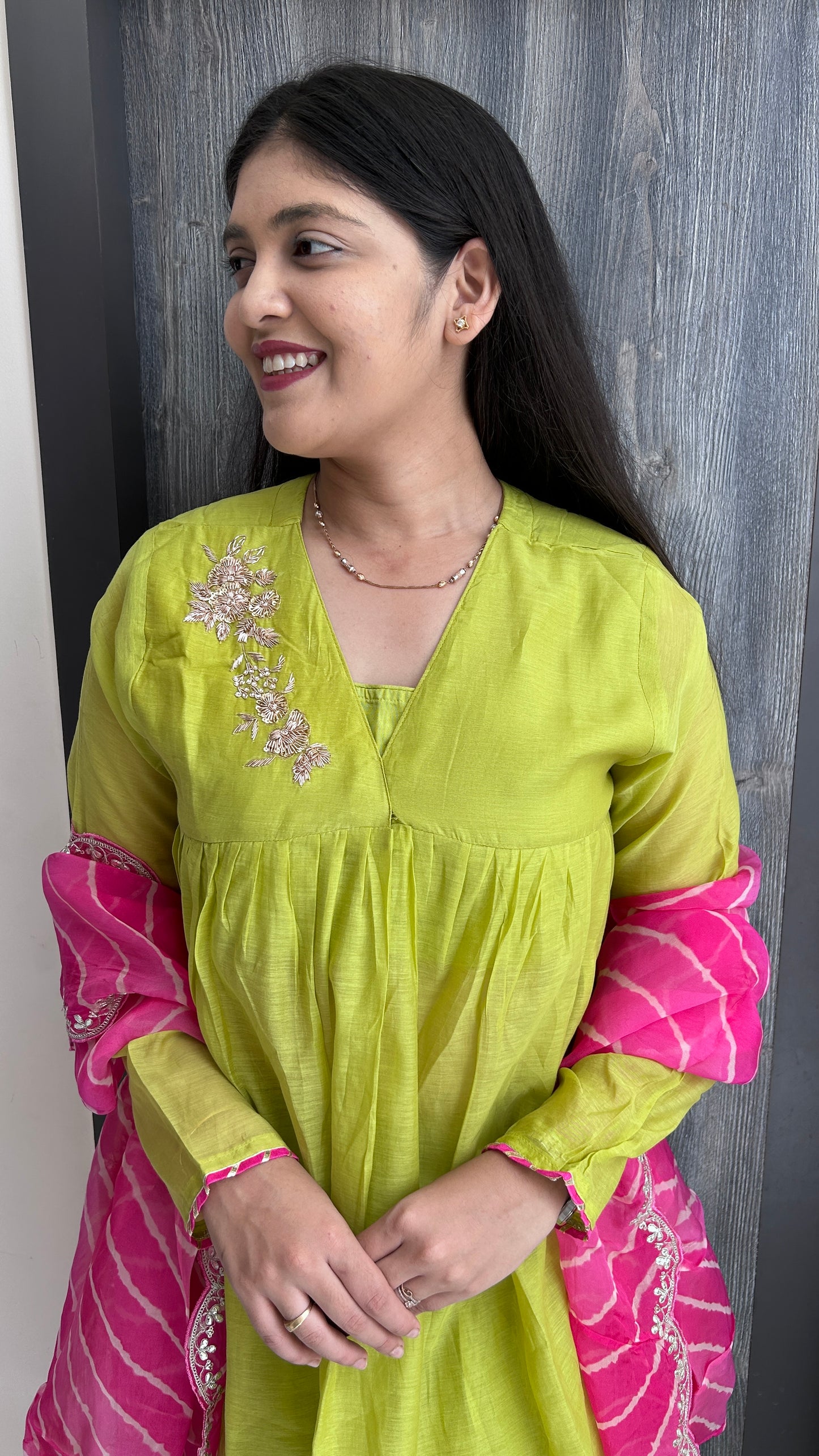 Lime Green & Pink Leheriya chinnon Sharara Set