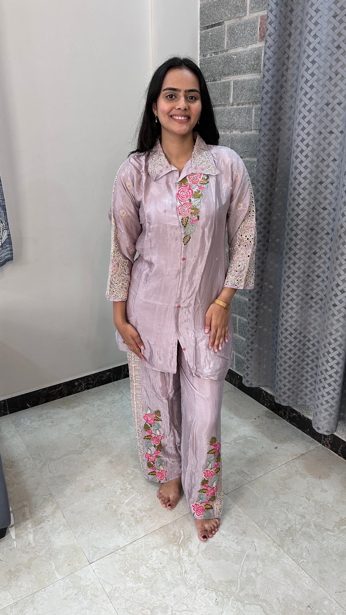 Lavender Floral Hand-Embroidered Co-ord Set