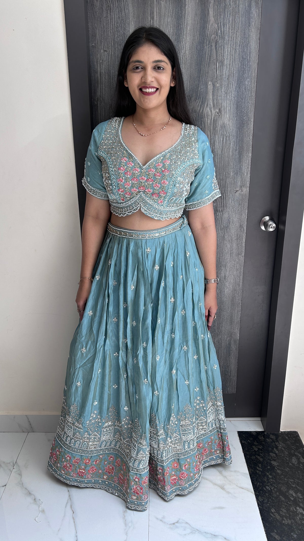 Pastel Blue Floral Embroidered Lehenga