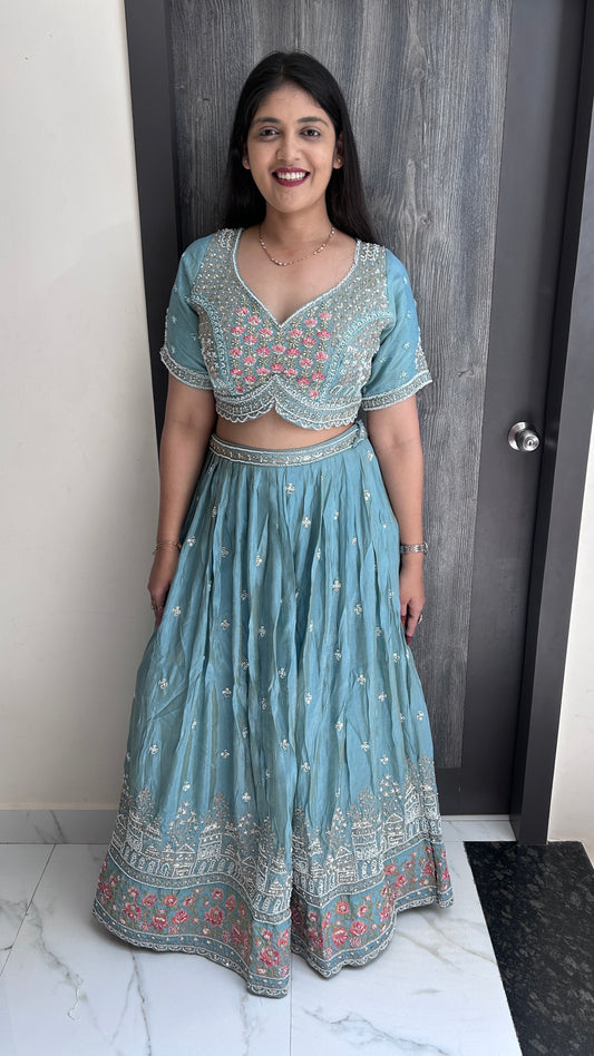 Pastel Blue Floral Embroidered Lehenga