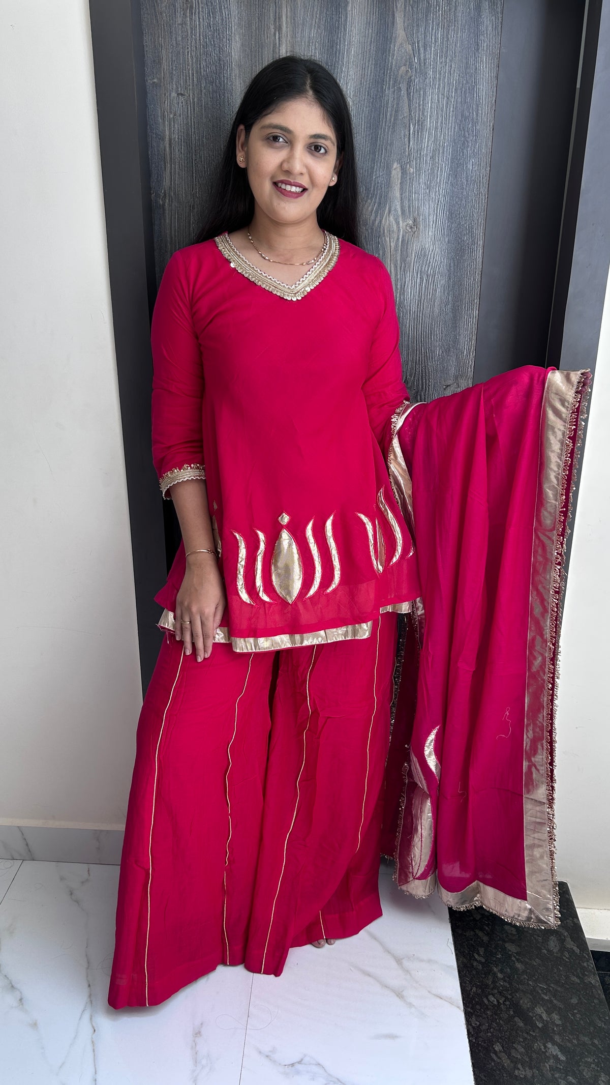Hand-Embroidered Magenta chinnon Sharara Set