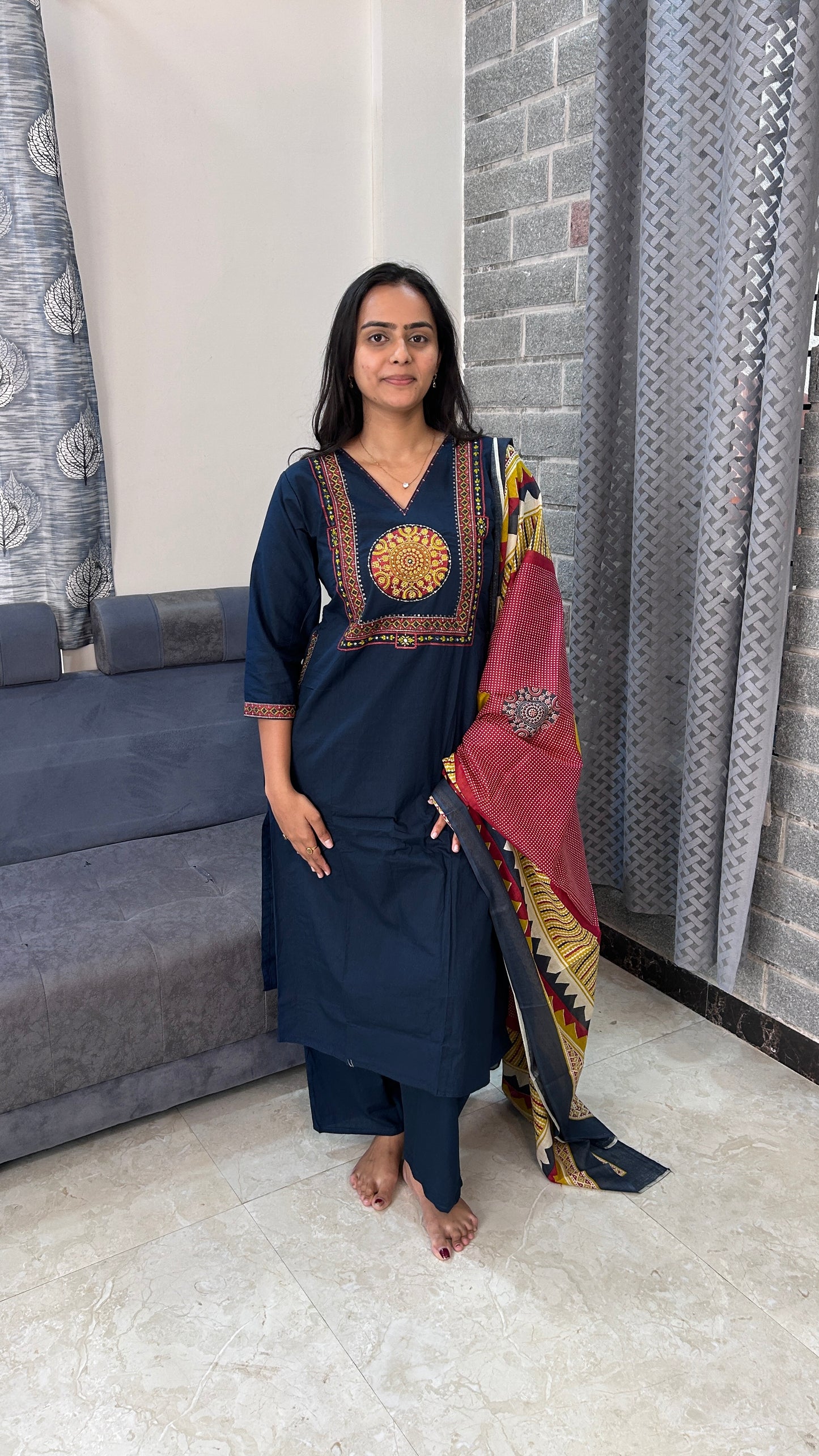 Navy Blue Hand-Embroidered Yoke Kurta Set