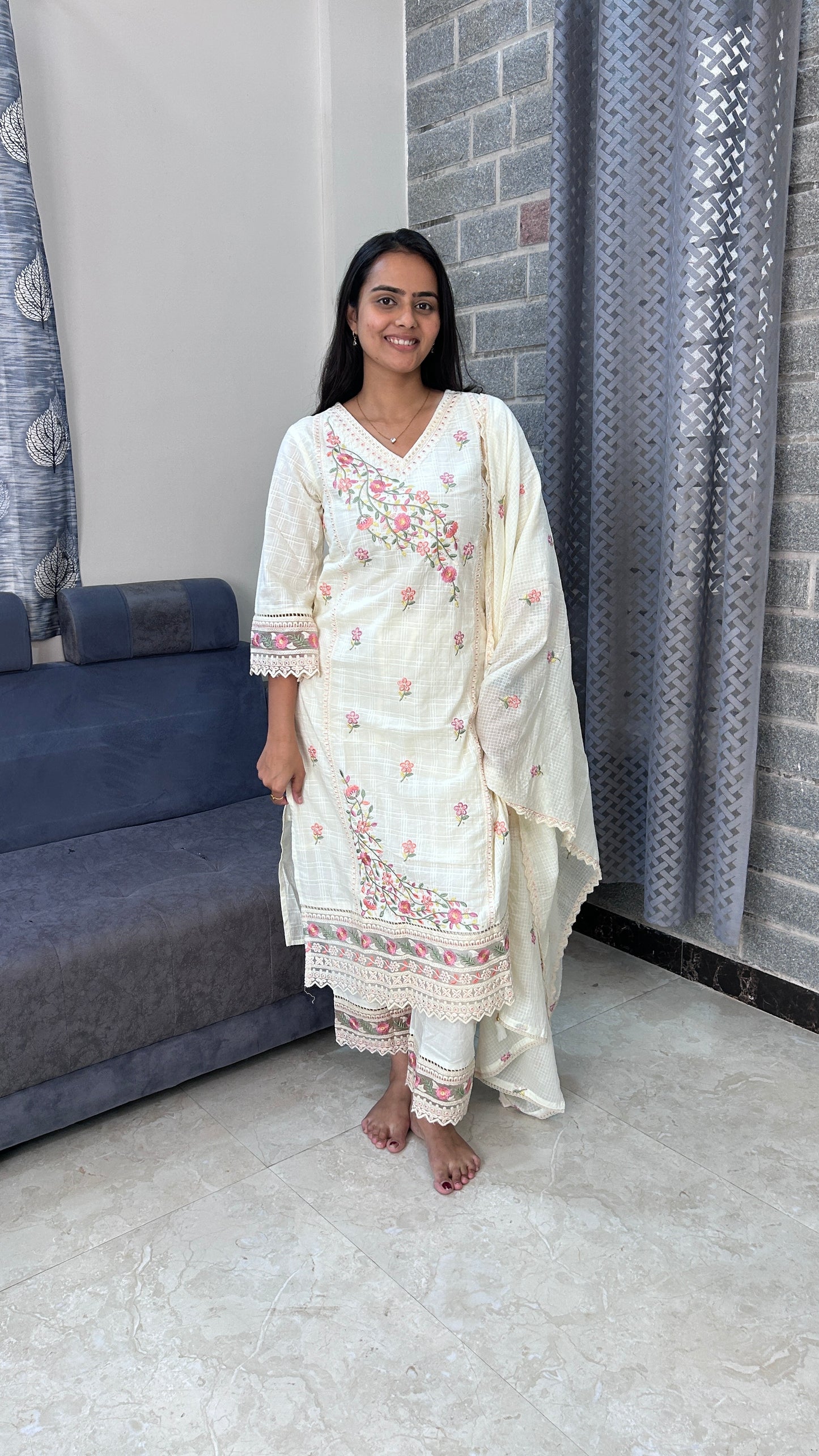 Ivory Floral Embroidered cotton Kurta Set