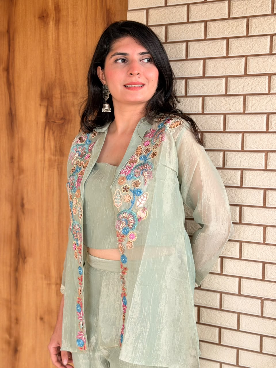 Mint Green Three-Piece Embroidered Co-ord Set