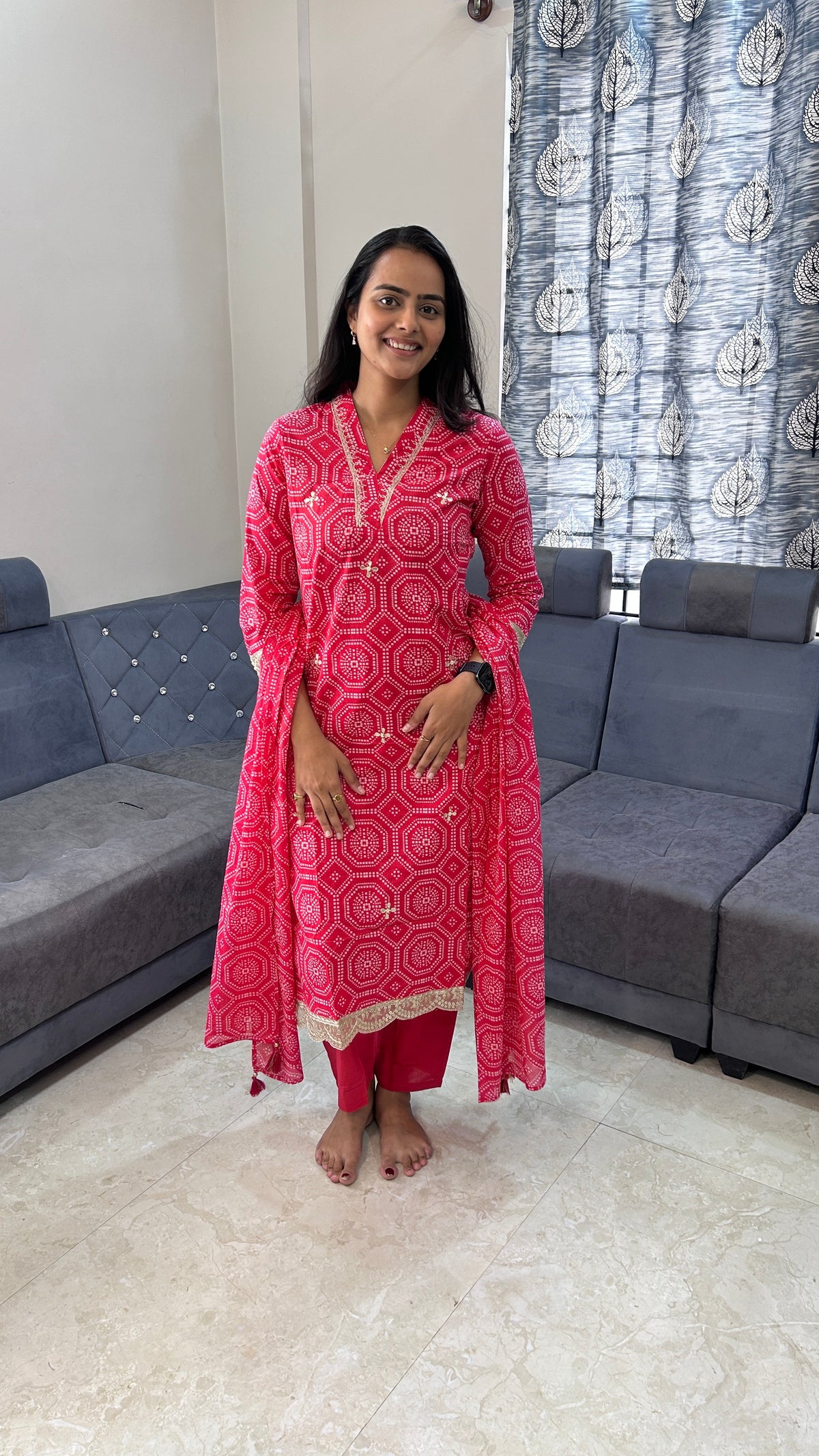 Bright Pink Geometric Print Hand-Embroidered Suit Set
