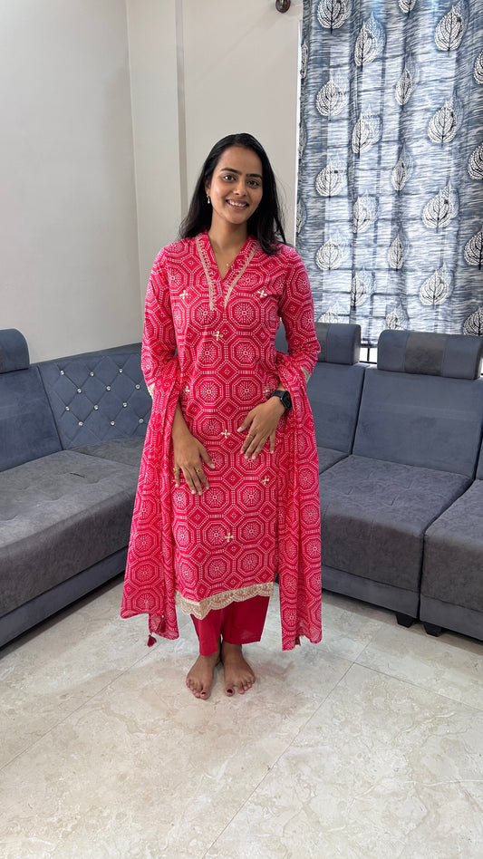 Bright Pink Geometric Print Hand-Embroidered Suit Set