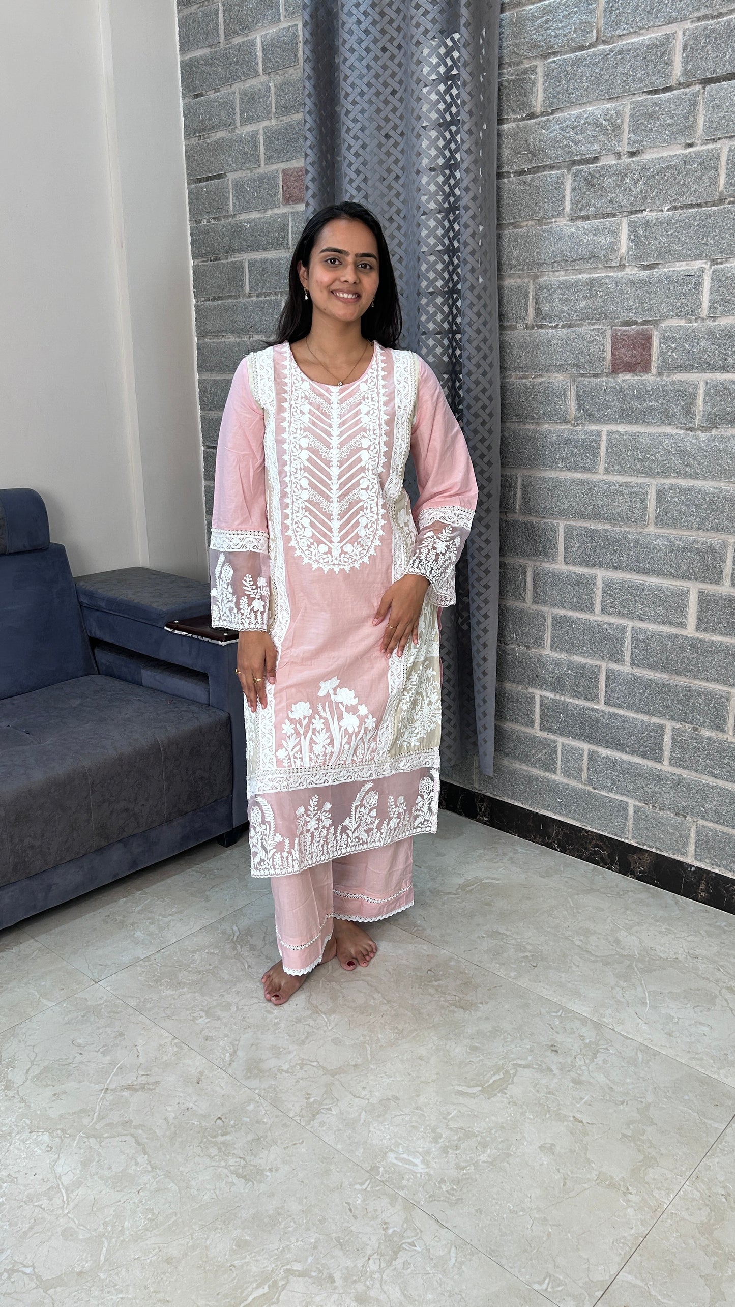 Pastel Pink & White Hand-Embroidered Suit Set