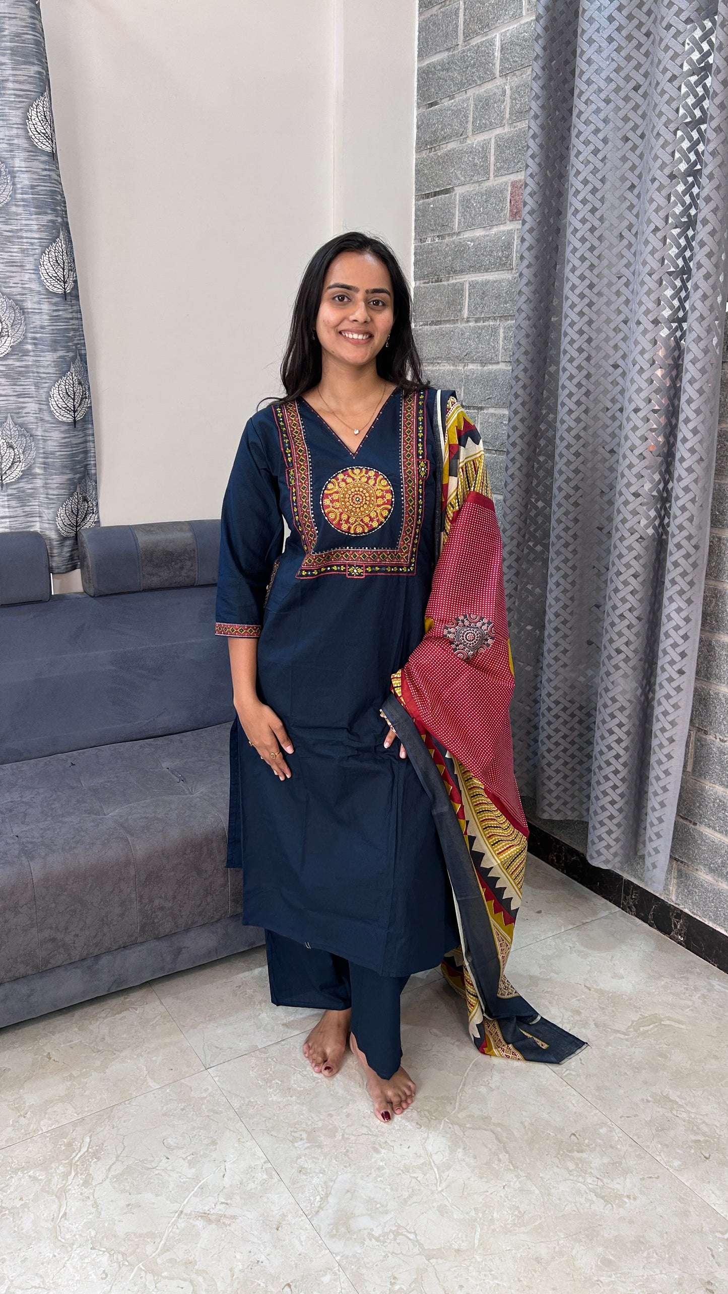 Navy Blue Hand-Embroidered Yoke Kurta Set