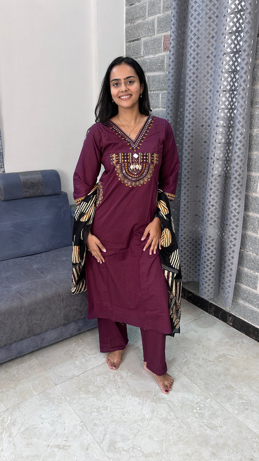 Maroon Hand-Embroidered Kurta Set