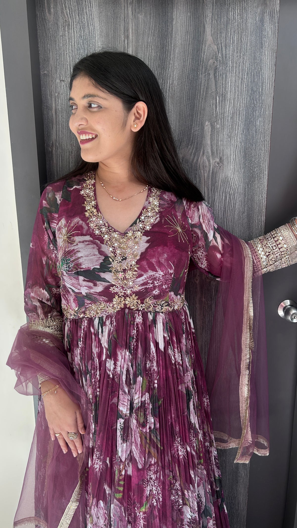 Wine Floral Embellished Anarkali Gown