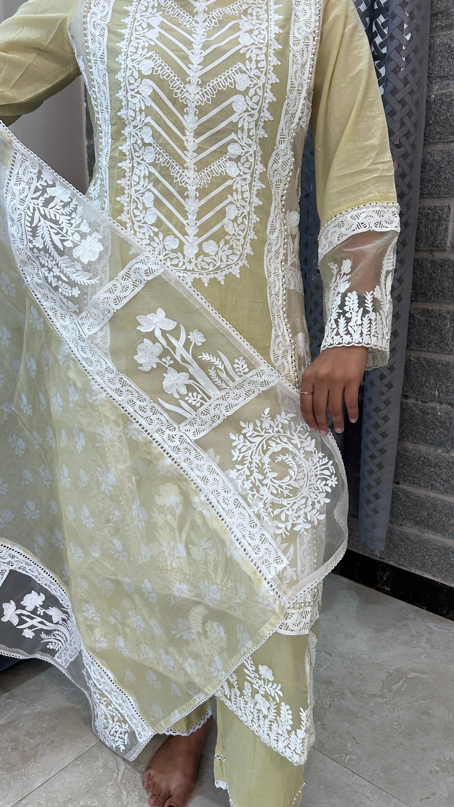 Pastel Yellow & White Hand-Embroidered Kurta Set