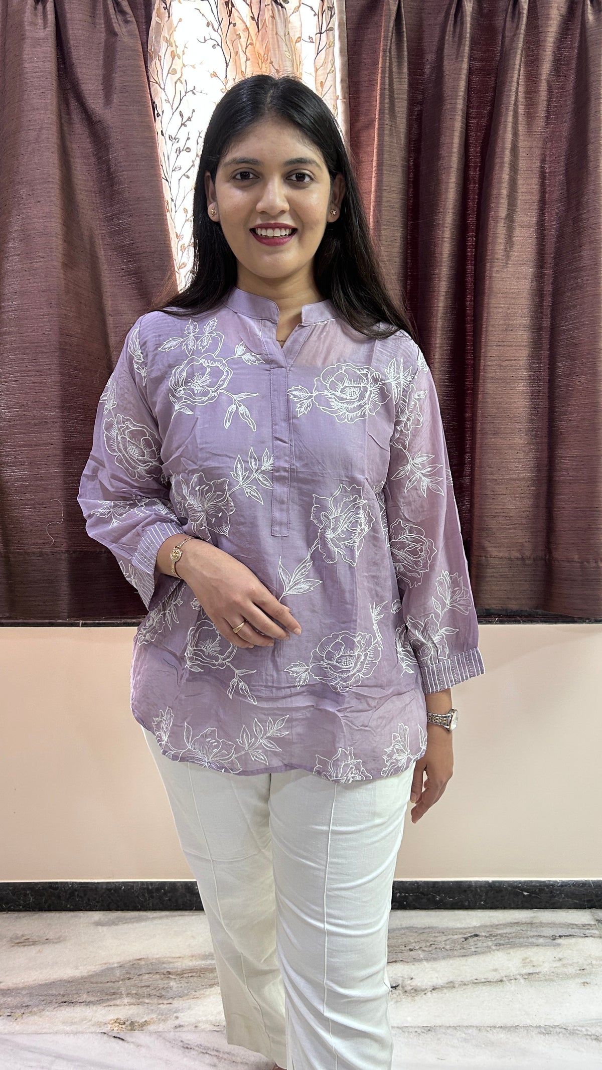 Lavender Floral Hand-Embroidered Tunic and Trouser Set