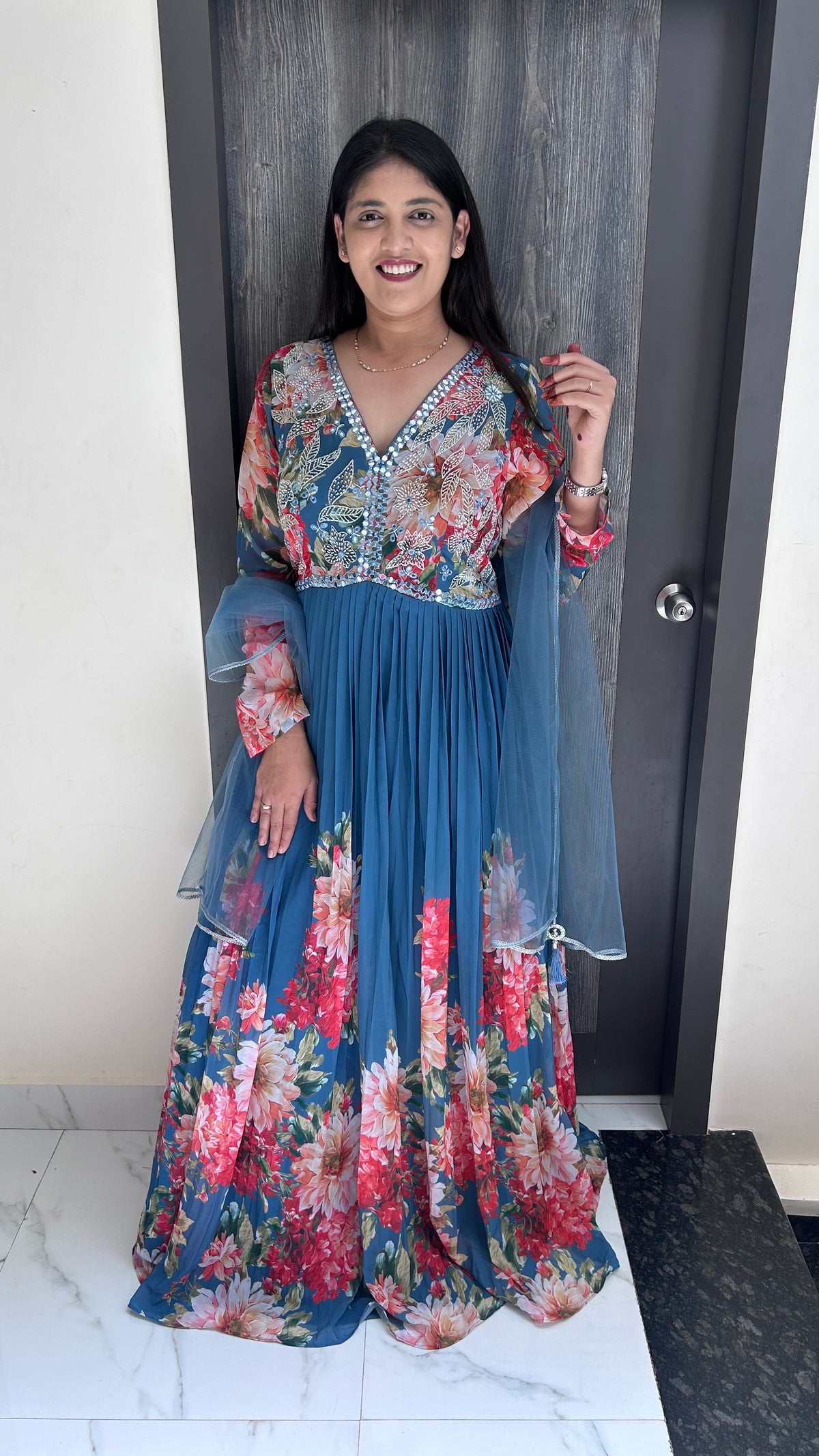 Slate Blue Floral Embellished Anarkali Gown