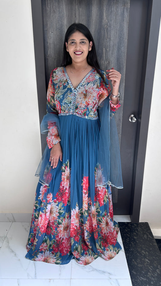 Slate Blue Floral Embellished Anarkali Gown