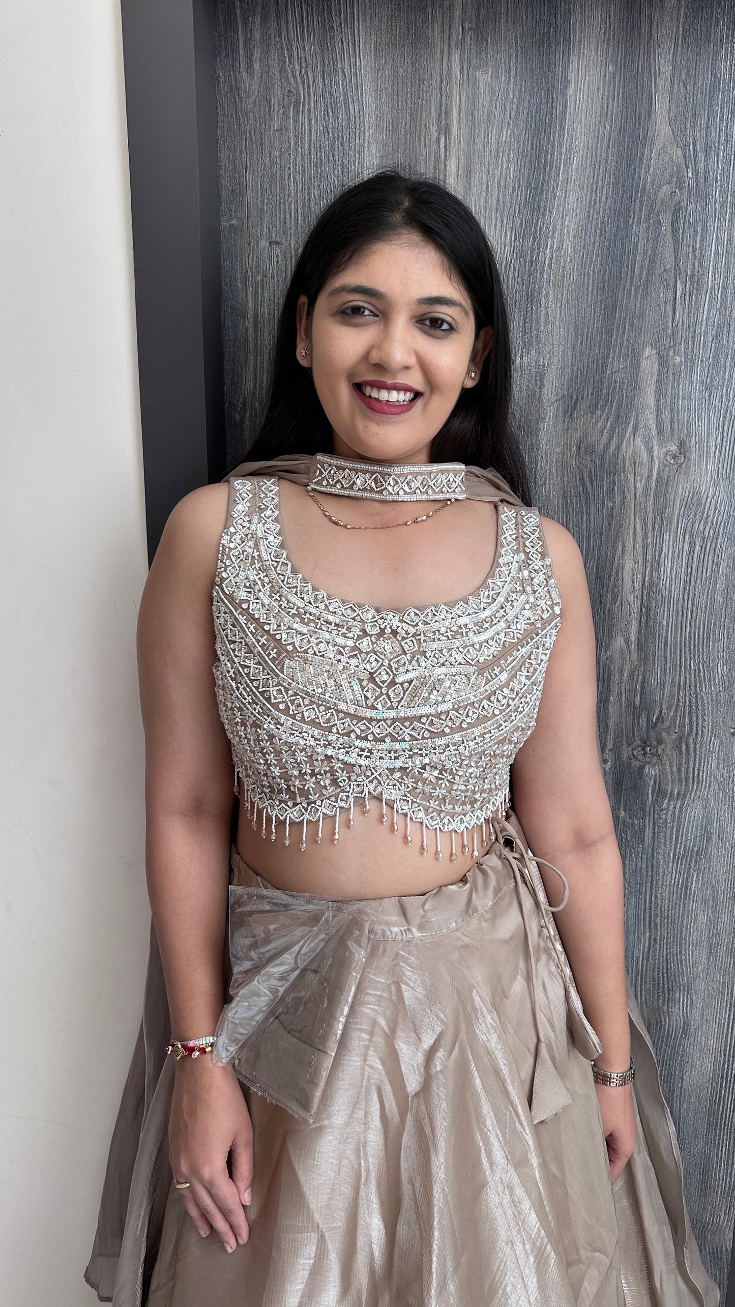 Champagne Beige Hand-Embroidered Tissue Crop Top