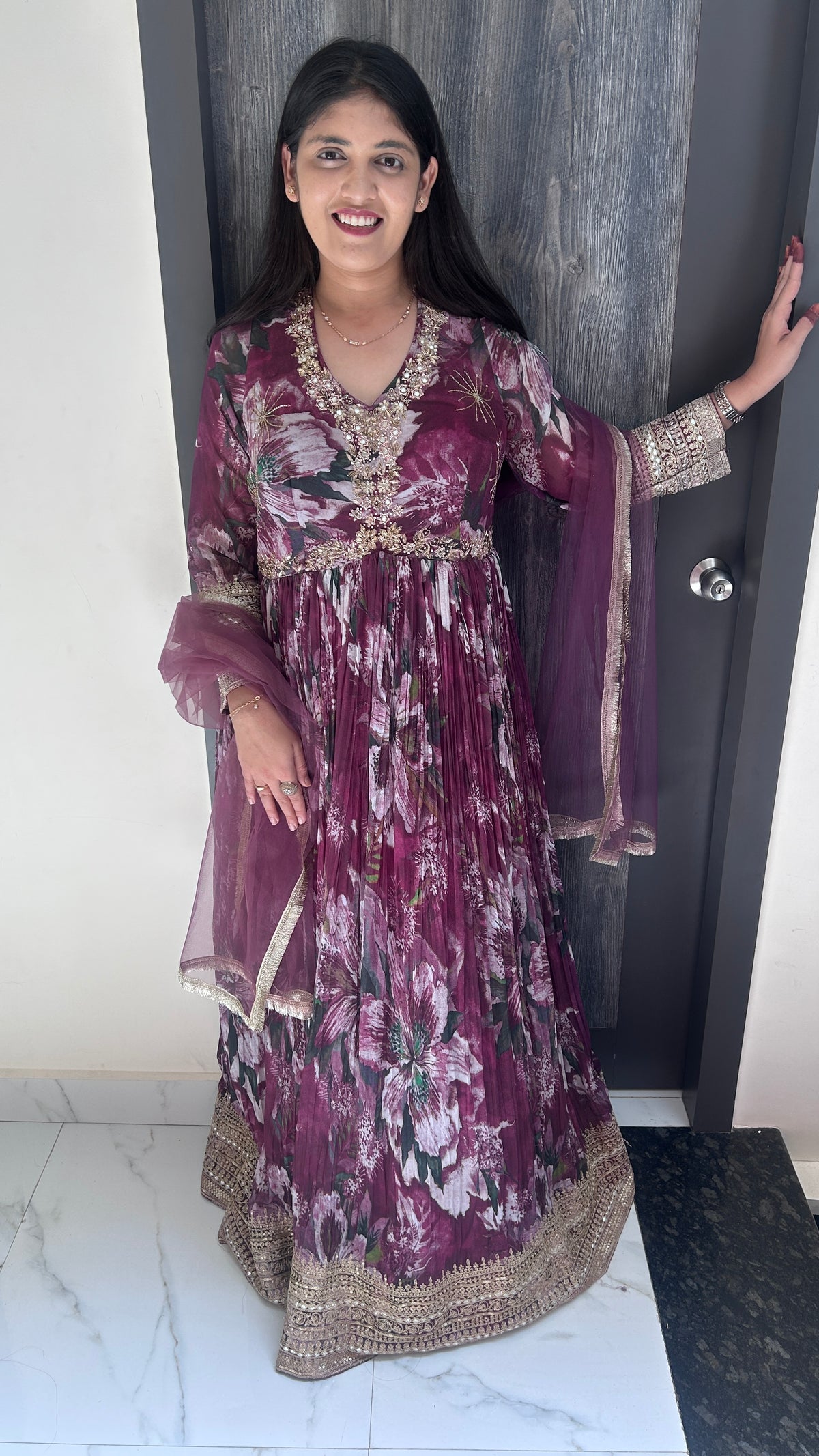 Wine Floral Embellished Anarkali Gown