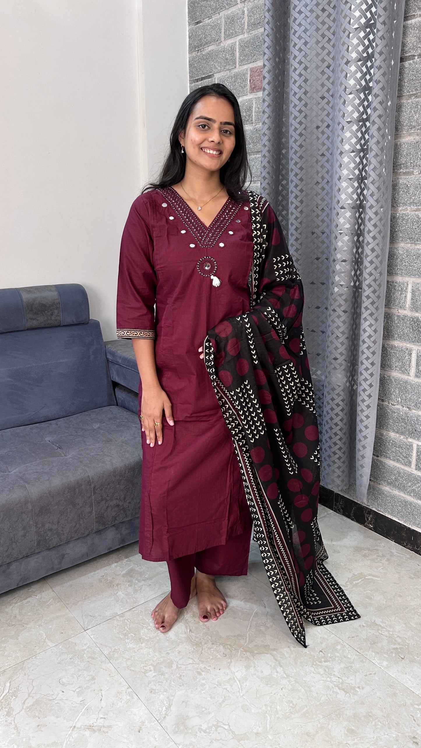Plum Embroidered Kurta Set with Dupatta