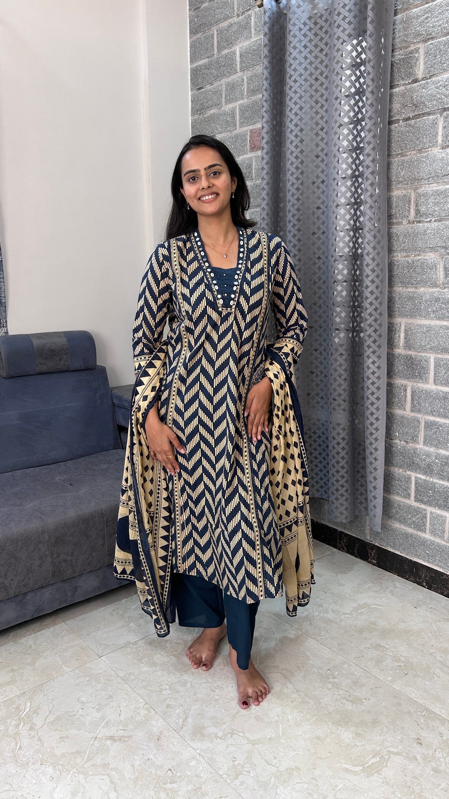 Navy Chevron Printed Kurta Set with Dupatta