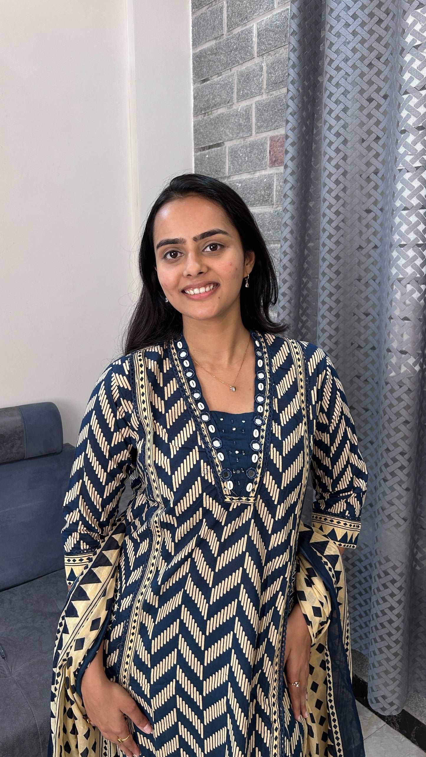 Navy Chevron Printed Kurta Set with Dupatta