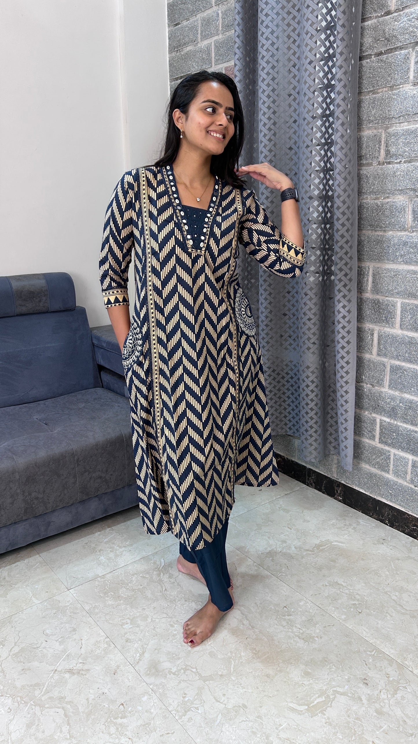 Navy Chevron Printed Kurta Set with Dupatta
