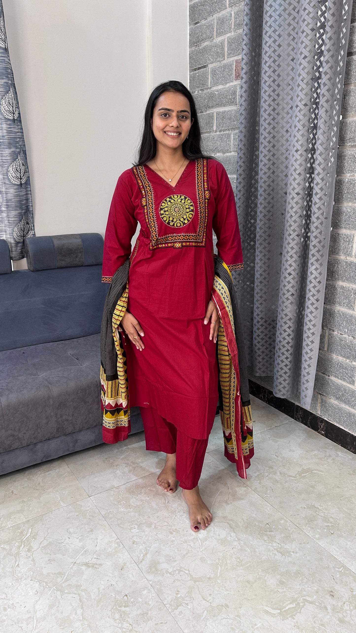 Crimson Maroon Yoke Embroidered Kurta Set with Dupatta