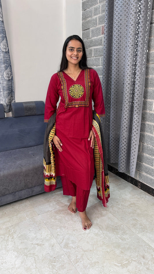 Crimson Maroon Yoke Embroidered Kurta Set with Dupatta