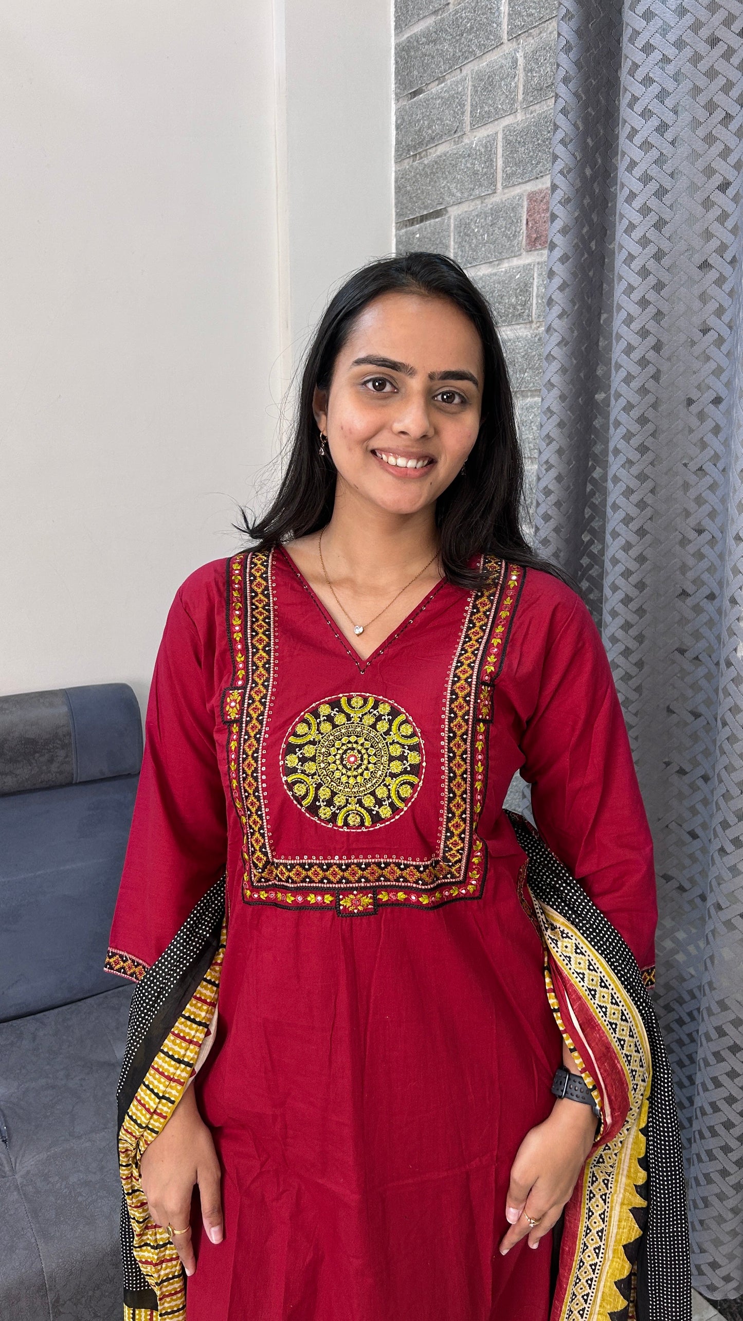 Crimson Maroon Yoke Embroidered Kurta Set with Dupatta