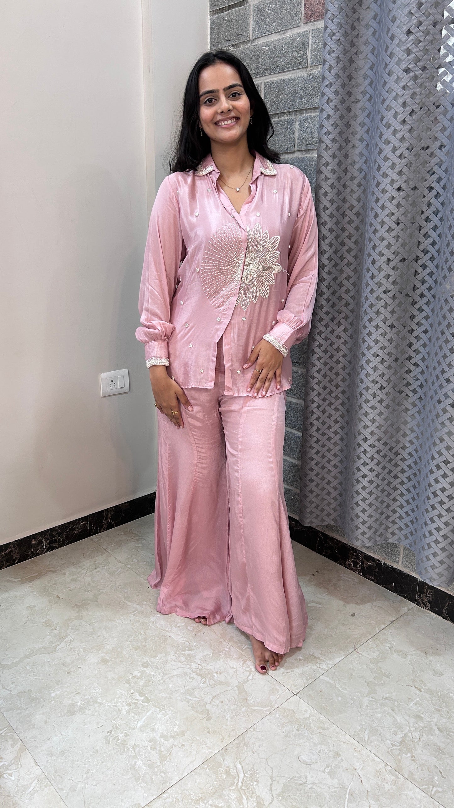 Metallic Rose Hand-Embroidered chinnon Co-ord Set