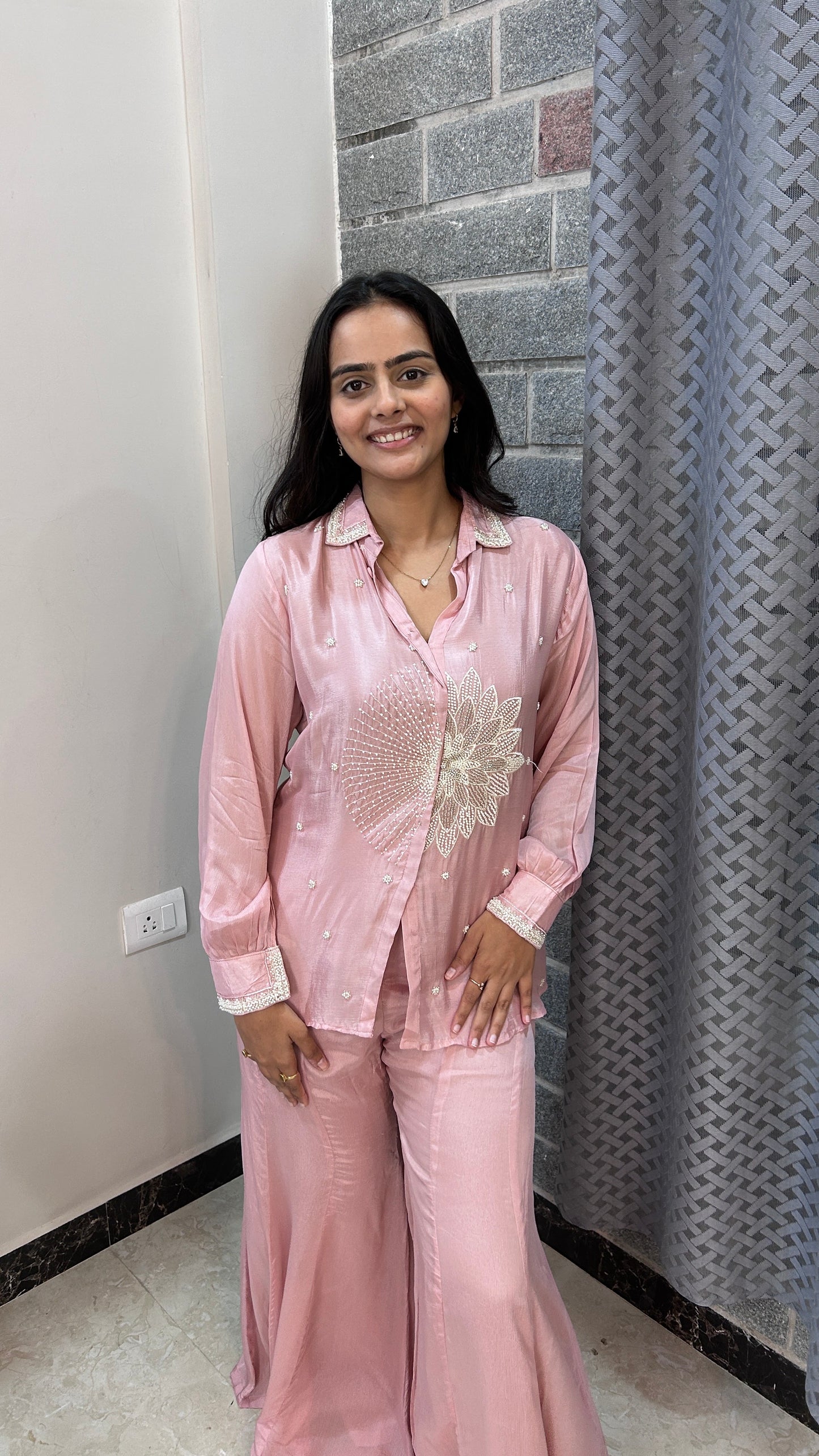 Metallic Rose Hand-Embroidered chinnon Co-ord Set