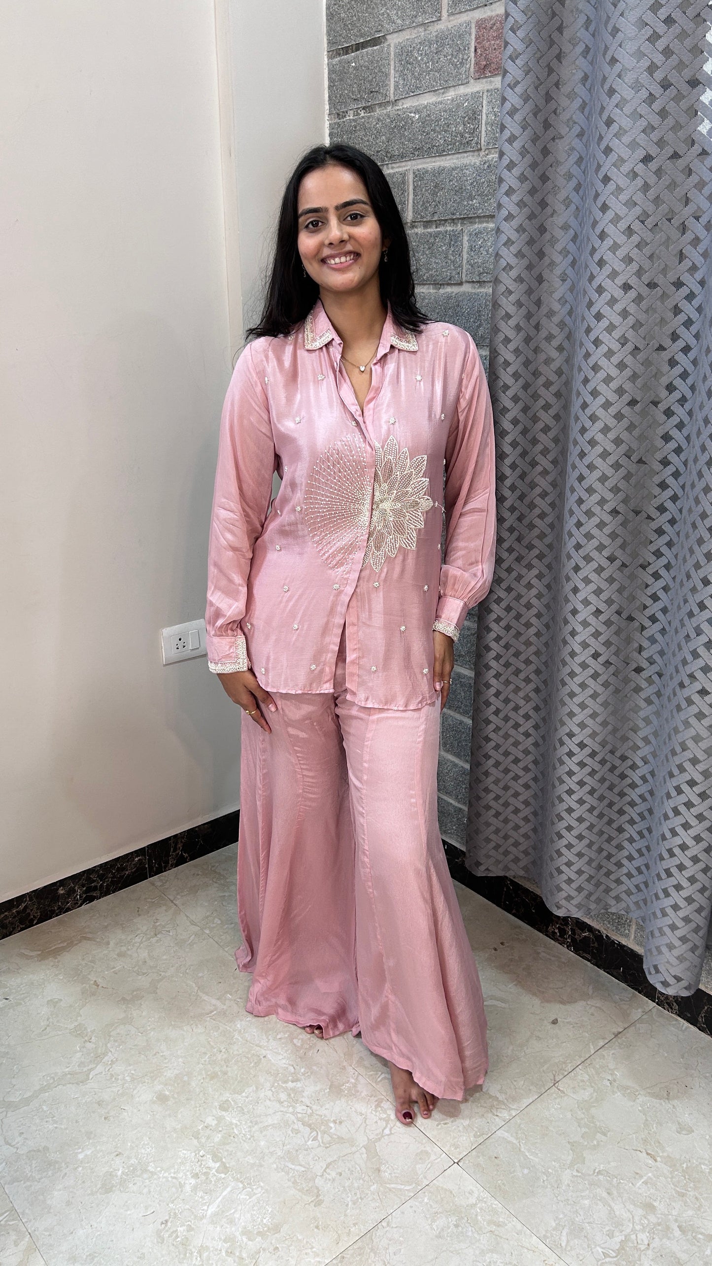 Metallic Rose Hand-Embroidered chinnon Co-ord Set