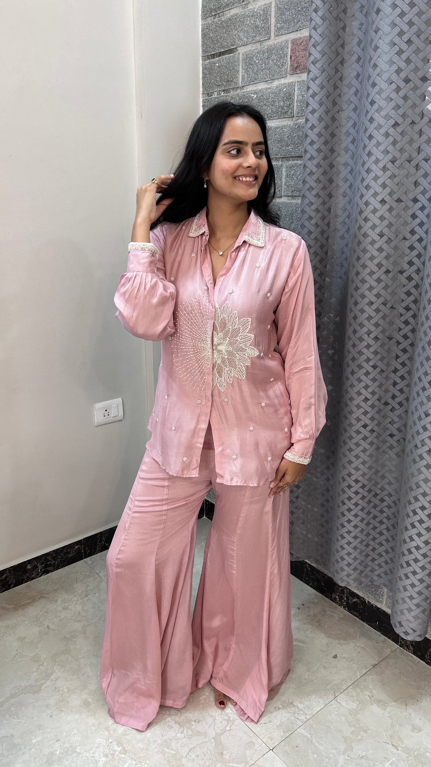 Metallic Rose Hand-Embroidered chinnon Co-ord Set