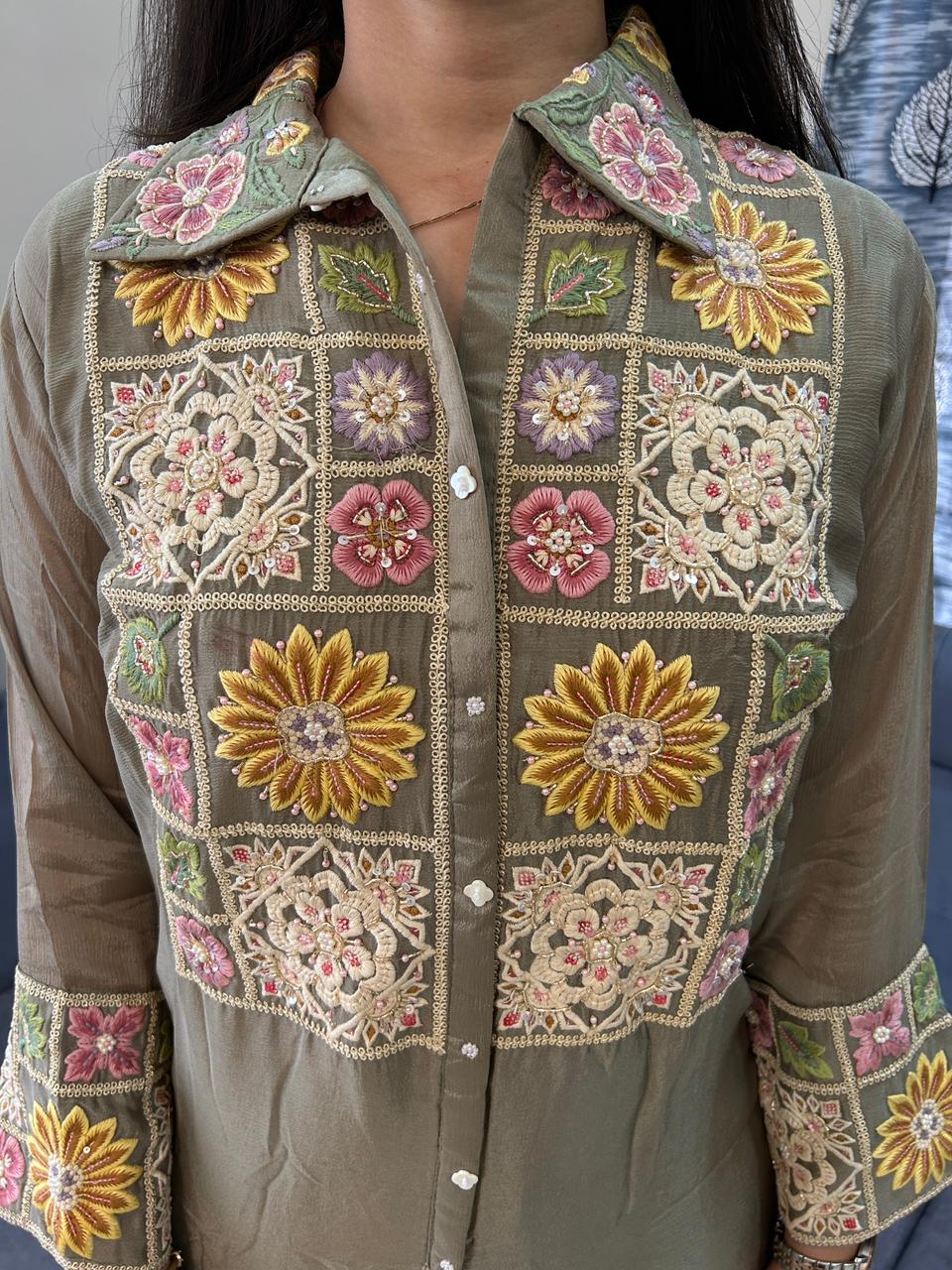 olive green floral chinnon co-ordset