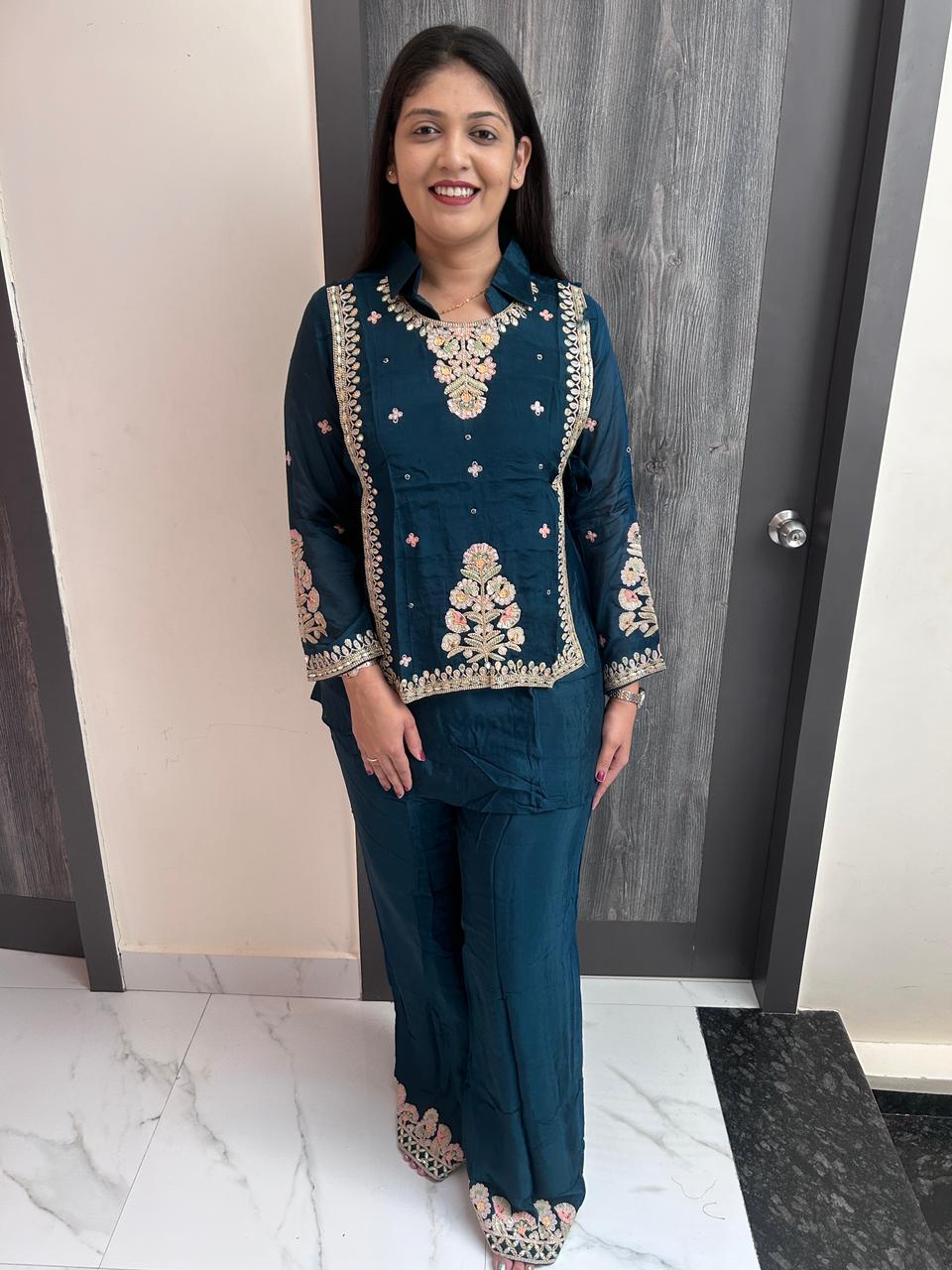 waist embroidery co-ordset(blue)