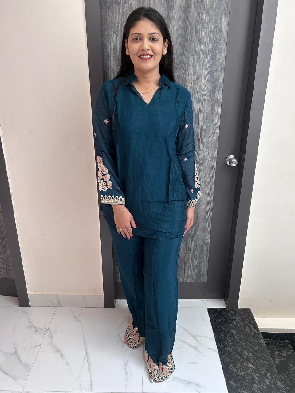 waist embroidery co-ordset(blue)