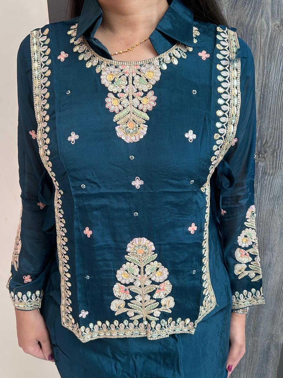 waist embroidery co-ordset(blue)