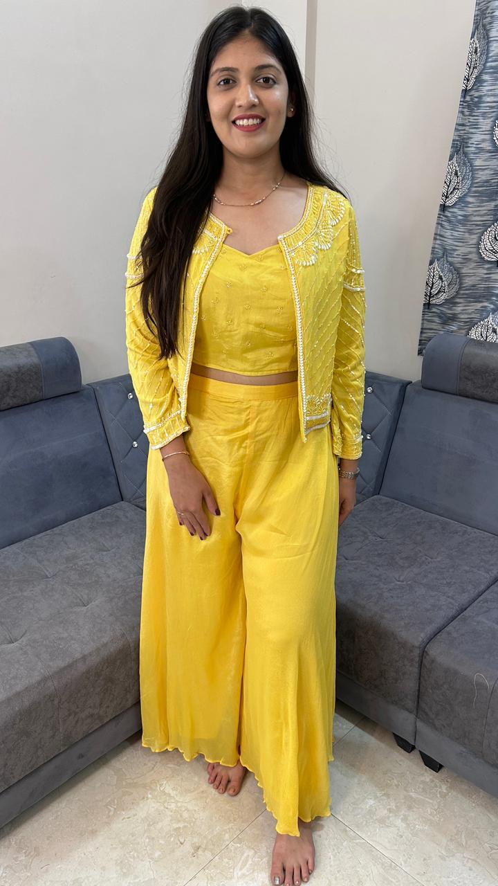 Yellow Embroidered Short Jacket, Crop Top & Palazzo Set