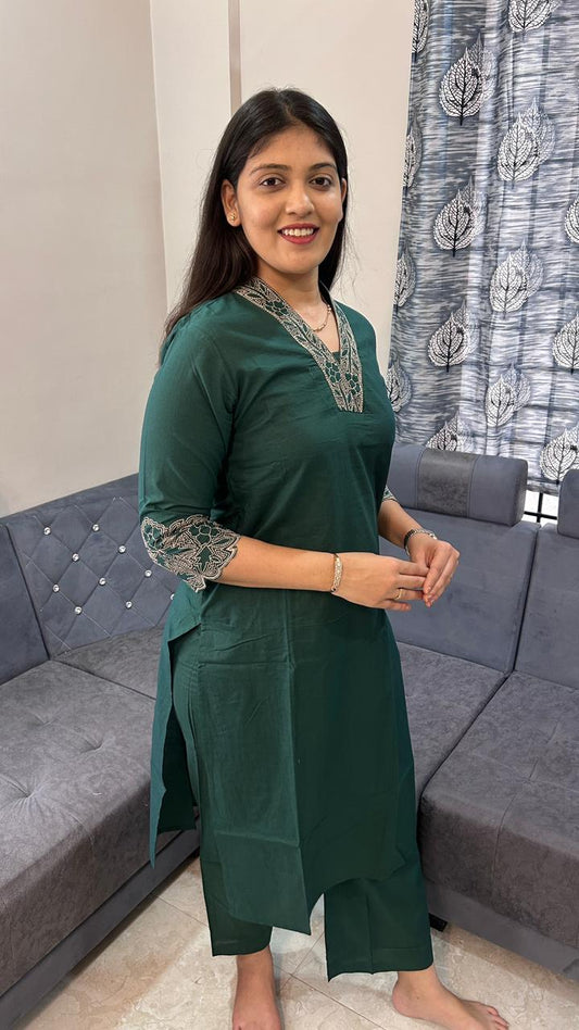Bottle Green Embroidered V-Neck Kurta Set