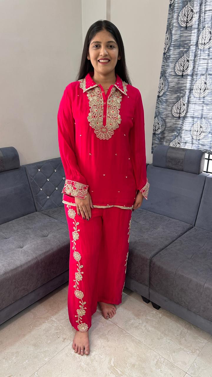 Embroidered Ruby Pink Co-Ord Set