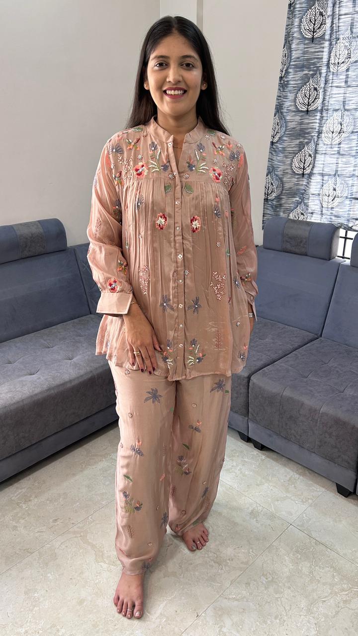Floral Embroidered Peach Co-Ord Set