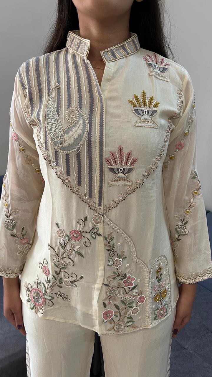 Floral Zardozi Embroidered Cream Co-Ord Set
