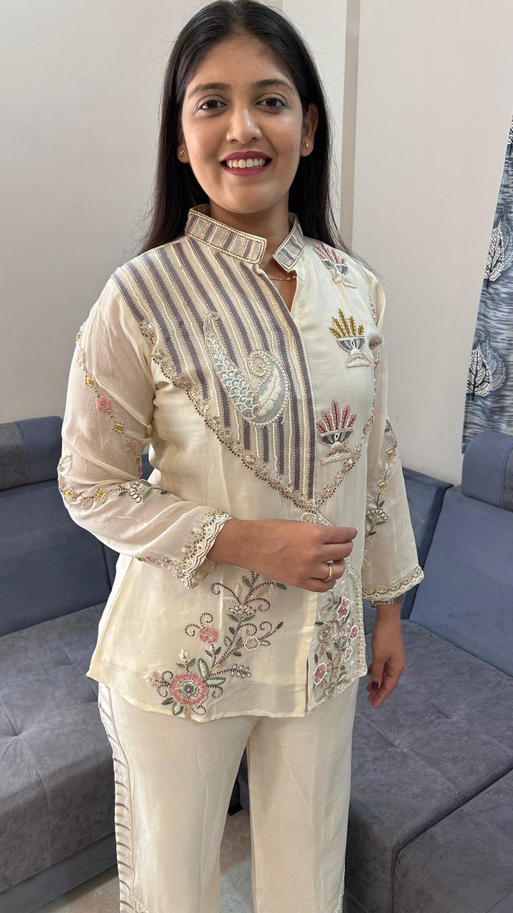Floral Zardozi Embroidered Cream Co-Ord Set