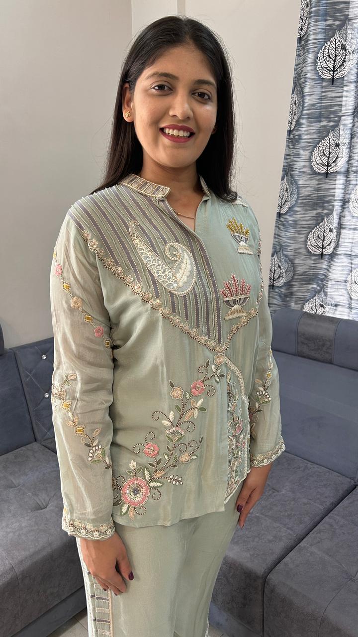 Floral Embroidered Pista Green Co-Ord Set