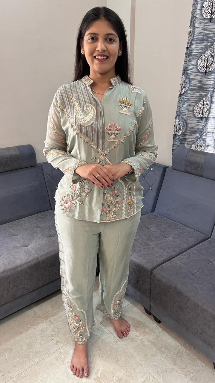 Floral Embroidered Pista Green Co-Ord Set